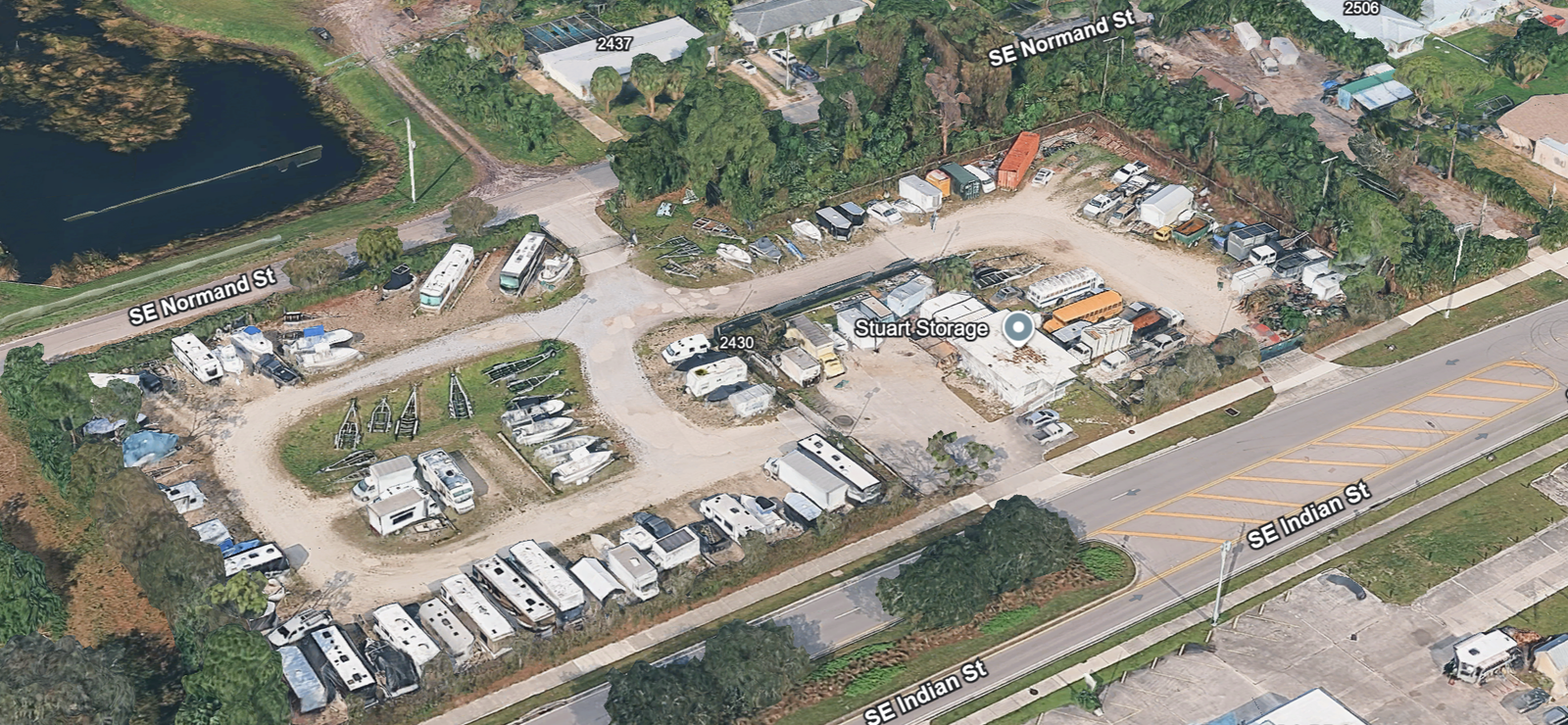Google earth map of 3 acre storage facility called Stuart Storage